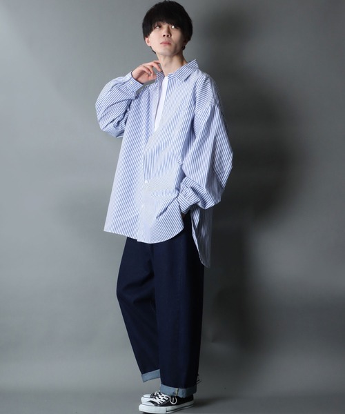 SITRY（シトリー）の「Balloon Sleeve Oversize Striped Shirt/バルーンスリーブ オーバーサイズ ストライプシャツ（シャツ/ブラウス・メンズ・グリーン/ブルー・M/L）」の12枚目の写真