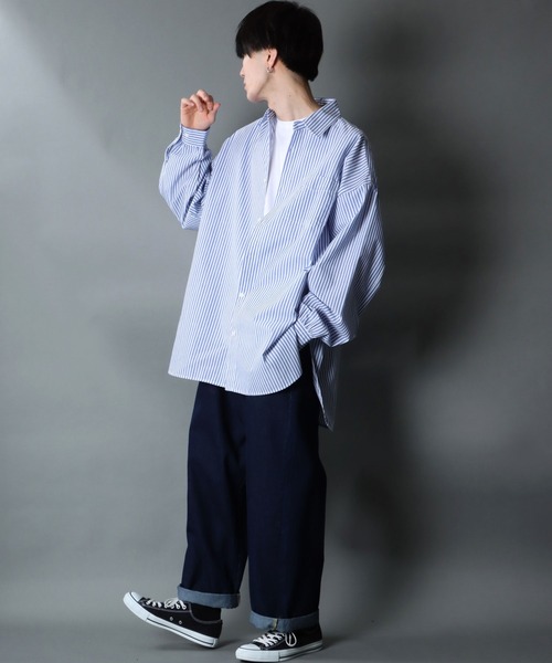 SITRY（シトリー）の「Balloon Sleeve Oversize Striped Shirt/バルーンスリーブ オーバーサイズ ストライプシャツ（シャツ/ブラウス・メンズ・グリーン/ブルー・M/L）」の11枚目の写真