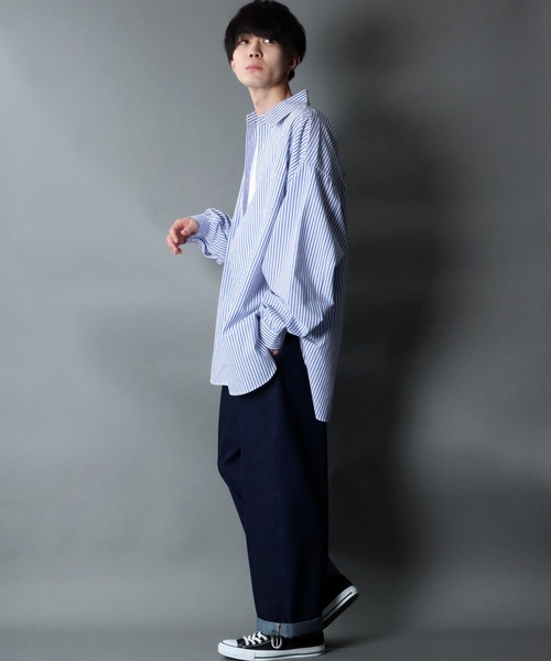 SITRY（シトリー）の「Balloon Sleeve Oversize Striped Shirt/バルーンスリーブ オーバーサイズ ストライプシャツ（シャツ/ブラウス・メンズ・グリーン/ブルー・M/L）」の10枚目の写真