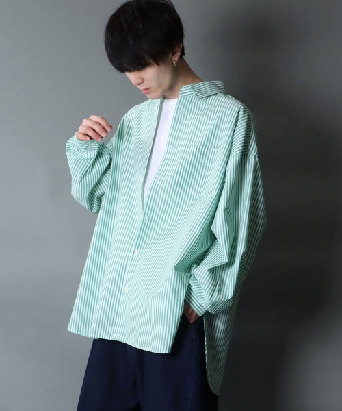セール】Balloon Sleeve Oversize Striped Shirt/バルーン