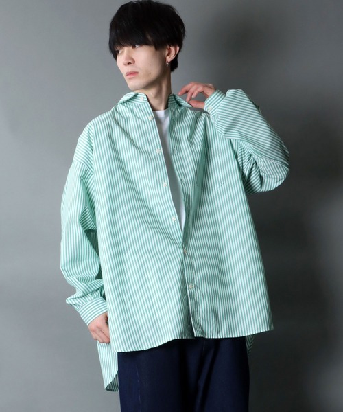 SITRY（シトリー）の「Balloon Sleeve Oversize Striped Shirt/バルーンスリーブ オーバーサイズ ストライプシャツ（シャツ/ブラウス・メンズ・グリーン/ブルー・M/L）」の20枚目の写真