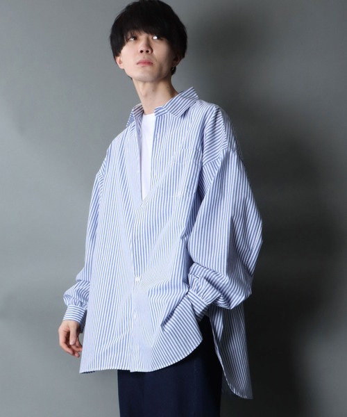 SITRY（シトリー）の「Balloon Sleeve Oversize Striped Shirt/バルーンスリーブ オーバーサイズ ストライプシャツ（シャツ/ブラウス・メンズ・グリーン/ブルー・M/L）」の16枚目の写真