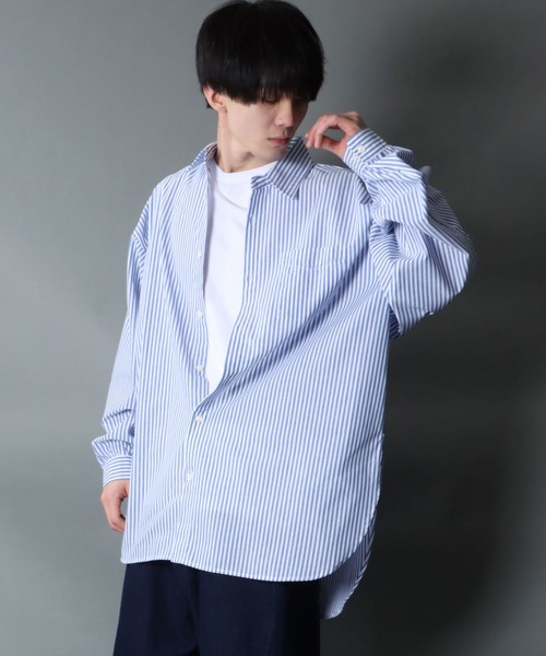 SITRY（シトリー）の「Balloon Sleeve Oversize Striped Shirt/バルーンスリーブ オーバーサイズ ストライプシャツ（シャツ/ブラウス・メンズ・グリーン/ブルー・M/L）」の17枚目の写真
