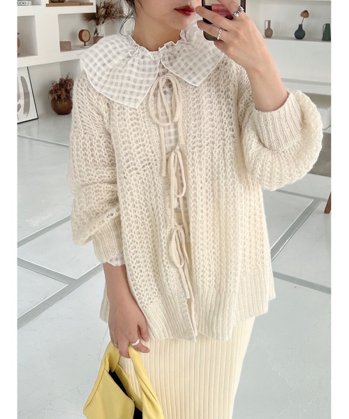 jumelle（ジュメロ）の「カギ編みリボンカーディガン（カーディガン/ボレロ・レディース・アイボリー/ピンク・FREE）」の7枚目の写真