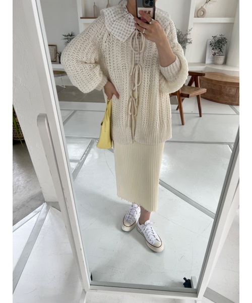 jumelle（ジュメロ）の「カギ編みリボンカーディガン（カーディガン/ボレロ・レディース・アイボリー/ピンク・FREE）」の8枚目の写真