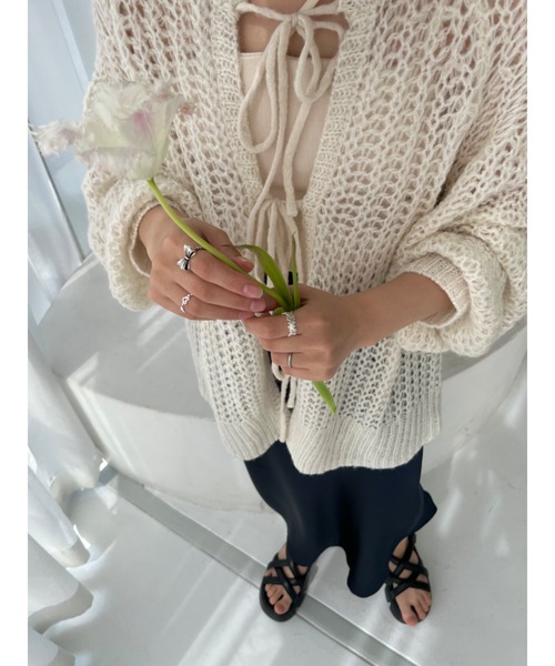 jumelle（ジュメロ）の「カギ編みリボンカーディガン（カーディガン/ボレロ・レディース・アイボリー/ピンク・FREE）」の4枚目の写真