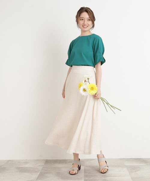 【イージーケア】着心地さらりリネンライクお袖タックブラウス