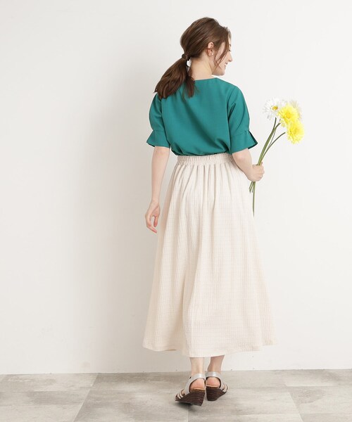 【イージーケア】着心地さらりリネンライクお袖タックブラウス