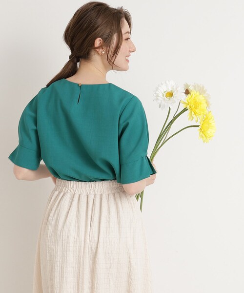 【イージーケア】着心地さらりリネンライクお袖タックブラウス