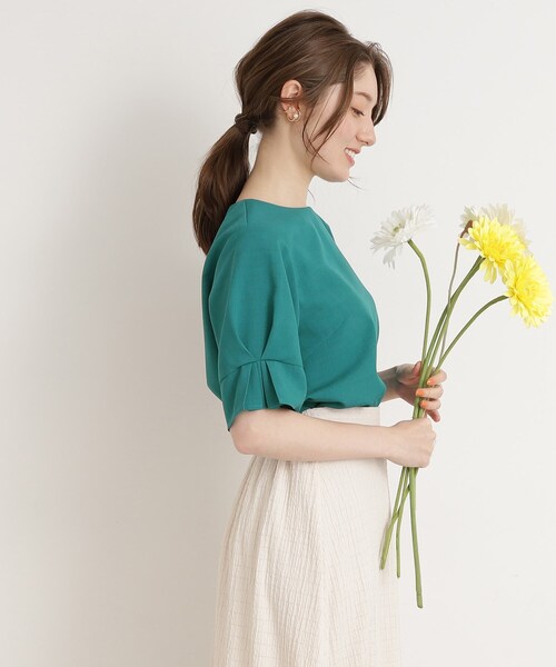 【イージーケア】着心地さらりリネンライクお袖タックブラウス