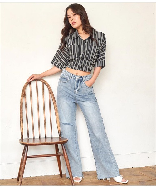 ANAP（アナップ）の「バックリボンクロップドストライプトップスブラウス（シャツ/ブラウス・レディース・ホワイト/ブラック・FREE）」の5枚目の写真