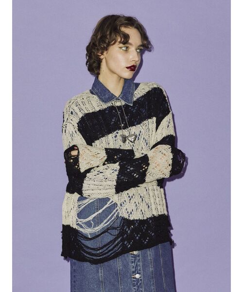 jouetie(ジュエティ)の「ケーブルグランジニット【ダメージ/ボーダー】(ニット/セーター・レディース・ブラック/ボルドー/ピンク・MEDIUM)」の8枚目の写真