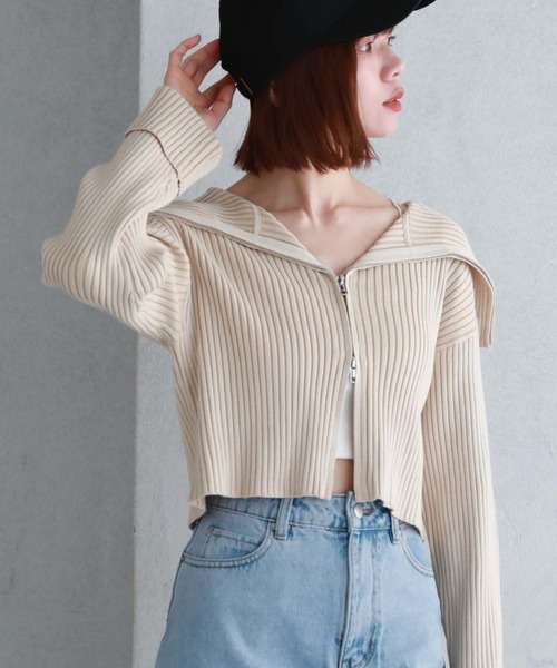 archives（アルシーヴ）の「フロントzipオーバーカラー二重臼ニット（カーディガン/ボレロ・レディース・ベージュ/グリーン/ブルーグレー/オフホワイト・MEDIUM）」の3枚目の写真