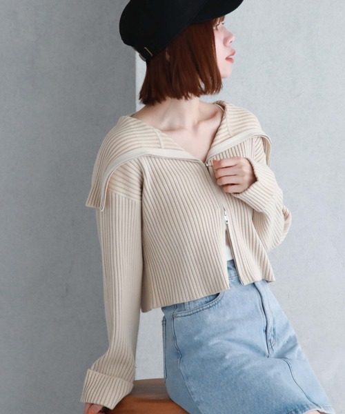 archives（アルシーヴ）の「フロントzipオーバーカラー二重臼ニット（カーディガン/ボレロ・レディース・ベージュ/グリーン/ブルーグレー/オフホワイト・MEDIUM）」の18枚目の写真