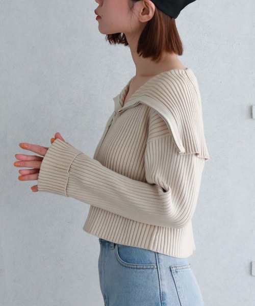 archives（アルシーヴ）の「フロントzipオーバーカラー二重臼ニット（カーディガン/ボレロ・レディース・ベージュ/グリーン/ブルーグレー/オフホワイト・MEDIUM）」の15枚目の写真