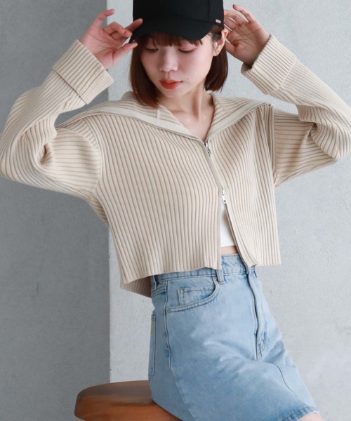 archives（アルシーヴ）の「フロントzipオーバーカラー二重臼ニット（カーディガン/ボレロ・レディース・ベージュ/グリーン/ブルーグレー/オフホワイト・MEDIUM）」の17枚目の写真