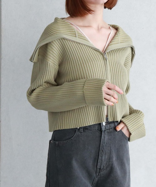 archives（アルシーヴ）の「フロントzipオーバーカラー二重臼ニット（カーディガン/ボレロ・レディース・ベージュ/グリーン/ブルーグレー/オフホワイト・MEDIUM）」の6枚目の写真