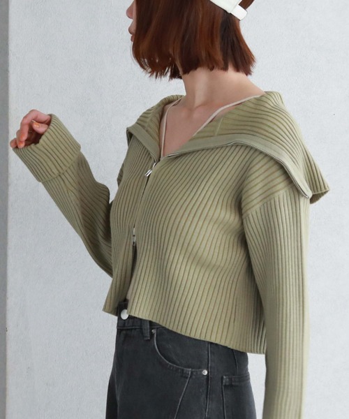 archives（アルシーヴ）の「フロントzipオーバーカラー二重臼ニット（カーディガン/ボレロ・レディース・ベージュ/グリーン/ブルーグレー/オフホワイト・MEDIUM）」の8枚目の写真