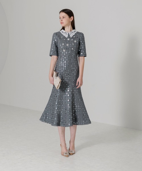 LEJAレースカラー花柄ビジュー付きフレアマーメイドシルエットドレスワンピース Leja（レジャ）の「【LEJA】レースカラー花柄ビジュー付き