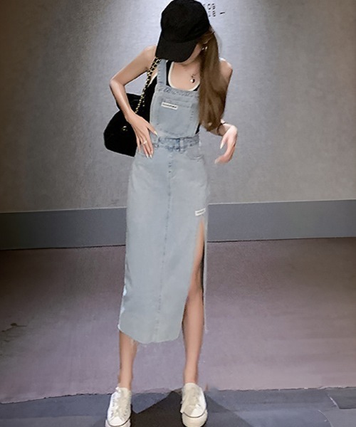Miniministore(ミニミニストア)の「デニムジャンパースカート スリット入り(サロペット/オーバーオール・レディース・サックスブルー/チャコールグレー・XL/M/L)」の4枚目の写真