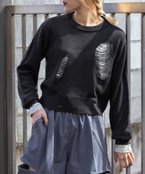 3.3 Field Trip （3.3フィールドトリップ）の「3.3 Field Trip／ダメージニットプルオーバー 2105724（ニット/セーター・レディース・ブラック/ホワイト・FREE）」の2枚目の写真