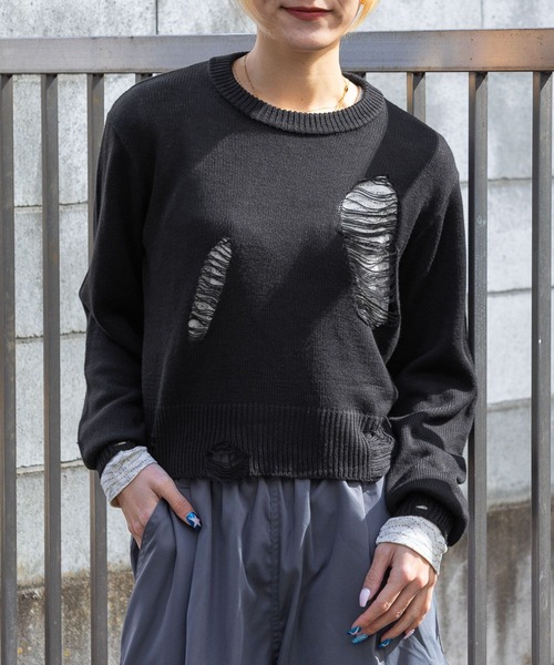 3.3 Field Trip （3.3フィールドトリップ）の「3.3 Field Trip／ダメージニットプルオーバー 2105724（ニット/セーター・レディース・ブラック/ホワイト・FREE）」の4枚目の写真