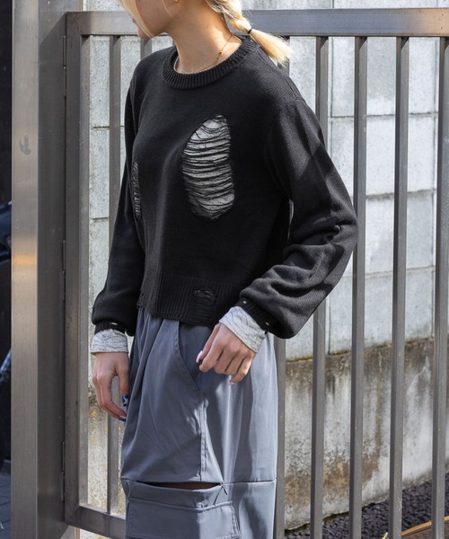 3.3 Field Trip （3.3フィールドトリップ）の「3.3 Field Trip／ダメージニットプルオーバー 2105724（ニット/セーター・レディース・ブラック/ホワイト・FREE）」の5枚目の写真