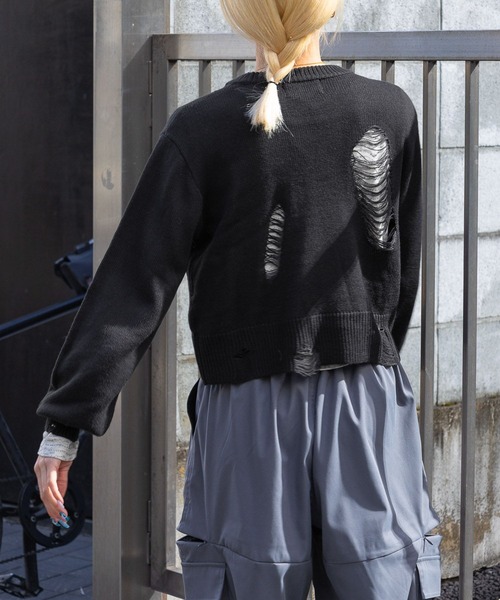 3.3 Field Trip （3.3フィールドトリップ）の「3.3 Field Trip／ダメージニットプルオーバー 2105724（ニット/セーター・レディース・ブラック/ホワイト・FREE）」の6枚目の写真