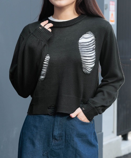 3.3 Field Trip （3.3フィールドトリップ）の「3.3 Field Trip／ダメージニットプルオーバー 2105724（ニット/セーター・レディース・ブラック/ホワイト・FREE）」の9枚目の写真