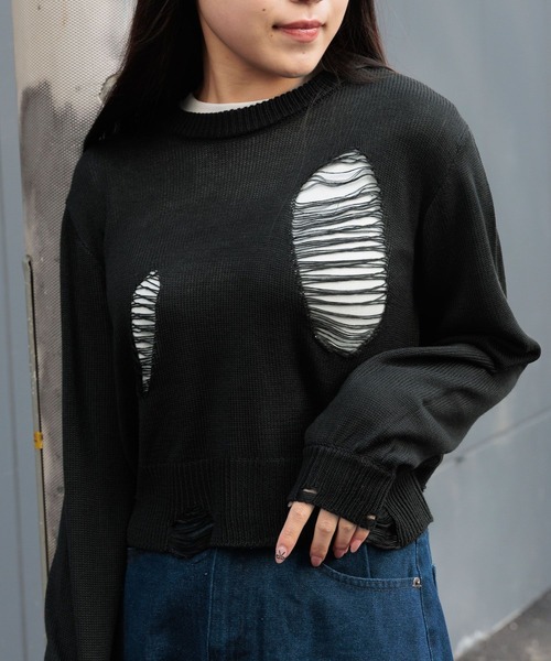 3.3 Field Trip （3.3フィールドトリップ）の「3.3 Field Trip／ダメージニットプルオーバー 2105724（ニット/セーター・レディース・ブラック/ホワイト・FREE）」の10枚目の写真