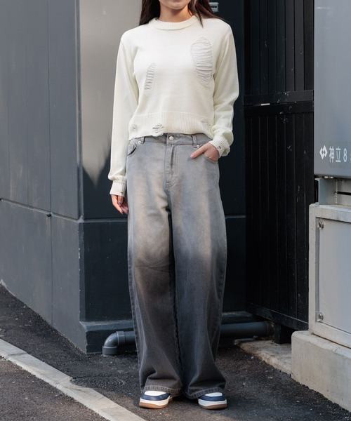 3.3 Field Trip （3.3フィールドトリップ）の「3.3 Field Trip／ダメージニットプルオーバー 2105724（ニット/セーター・レディース・ブラック/ホワイト・FREE）」の12枚目の写真