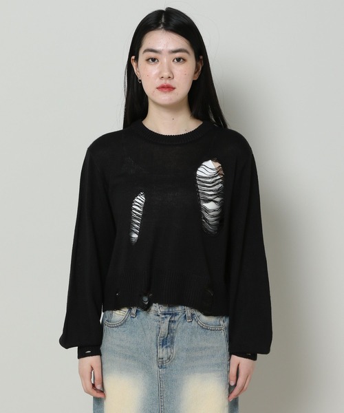 3.3 Field Trip （3.3フィールドトリップ）の「3.3 Field Trip／ダメージニットプルオーバー 2105724（ニット/セーター・レディース・ブラック/ホワイト・FREE）」の18枚目の写真