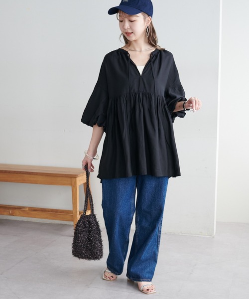 完売❤️新品タグ付❤️MilaOwen ギャザー袖ボリュームブラウス セール】【新色追加!/WEB限定】袖ボリュームペプラムギャザーブラウス