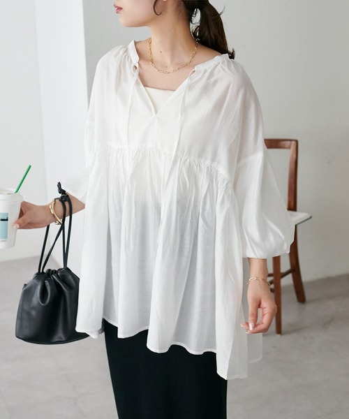 新色追加!/WEB限定】袖ボリュームペプラムギャザーブラウス《前後2WAY