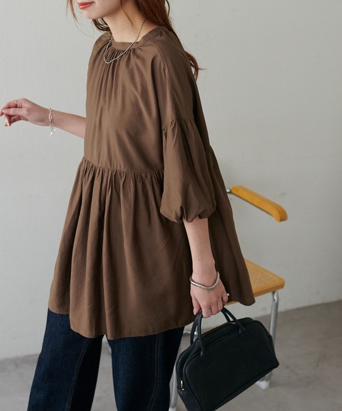 セール】【新色追加!/WEB限定】袖ボリュームペプラムギャザーブラウス