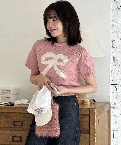 .KOM(ドットコム)の「A'GEM/9 × .kom 『.KOM/ドットケーオーエム』リボンニット 半袖(Tシャツ/カットソー・レディース・ピンク/アイボリー/グレー・FREE)」の8枚目の写真
