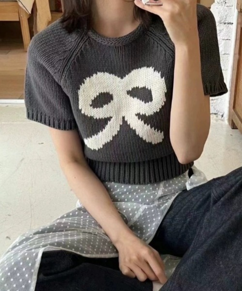 .KOM(ドットコム)の「A'GEM/9 × .kom 『.KOM/ドットケーオーエム』リボンニット 半袖(Tシャツ/カットソー・レディース・ピンク/アイボリー/グレー・FREE)」の5枚目の写真