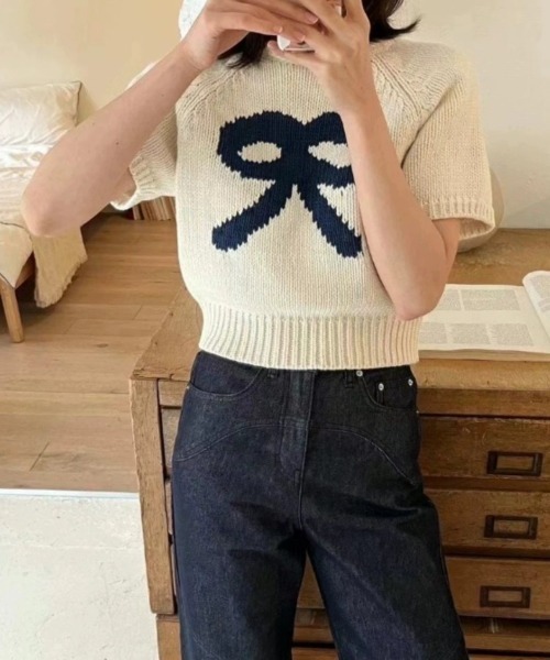 .KOM(ドットコム)の「A'GEM/9 × .kom 『.KOM/ドットケーオーエム』リボンニット 半袖(Tシャツ/カットソー・レディース・ピンク/アイボリー/グレー・FREE)」の11枚目の写真