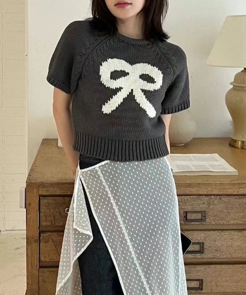 .KOM(ドットコム)の「A'GEM/9 × .kom 『.KOM/ドットケーオーエム』リボンニット 半袖(Tシャツ/カットソー・レディース・ピンク/アイボリー/グレー・FREE)」の7枚目の写真