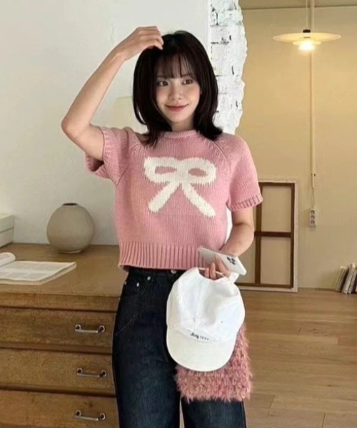 .KOM(ドットコム)の「A'GEM/9 × .kom 『.KOM/ドットケーオーエム』リボンニット 半袖(Tシャツ/カットソー・レディース・ピンク/アイボリー/グレー・FREE)」の9枚目の写真