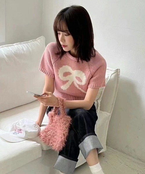 .KOM(ドットコム)の「A'GEM/9 × .kom 『.KOM/ドットケーオーエム』リボンニット 半袖(Tシャツ/カットソー・レディース・ピンク/アイボリー/グレー・FREE)」の10枚目の写真