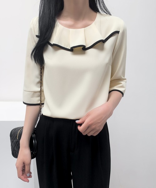 ECLIN(エクラン)の「五分袖配色パイピングフリルブラウス(シャツ/ブラウス・レディース・ブラック/ベージュ/ミント・M/L)」の3枚目の写真