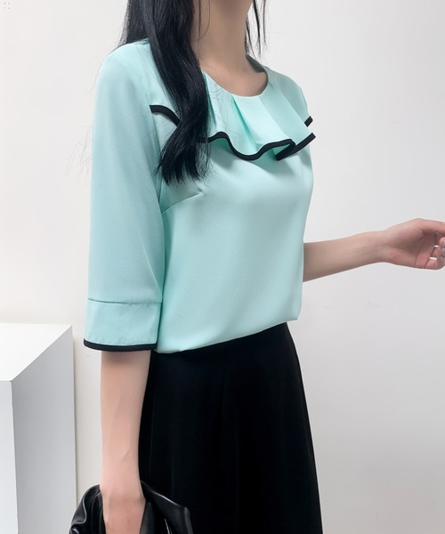 ECLIN(エクラン)の「五分袖配色パイピングフリルブラウス(シャツ/ブラウス・レディース・ブラック/ベージュ/ミント・M/L)」の8枚目の写真