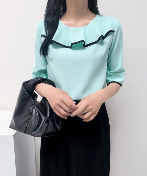 ECLIN(エクラン)の「五分袖配色パイピングフリルブラウス(シャツ/ブラウス・レディース・ブラック/ベージュ/ミント・M/L)」の7枚目の写真