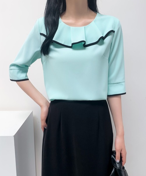 ECLIN(エクラン)の「五分袖配色パイピングフリルブラウス(シャツ/ブラウス・レディース・ブラック/ベージュ/ミント・M/L)」の6枚目の写真