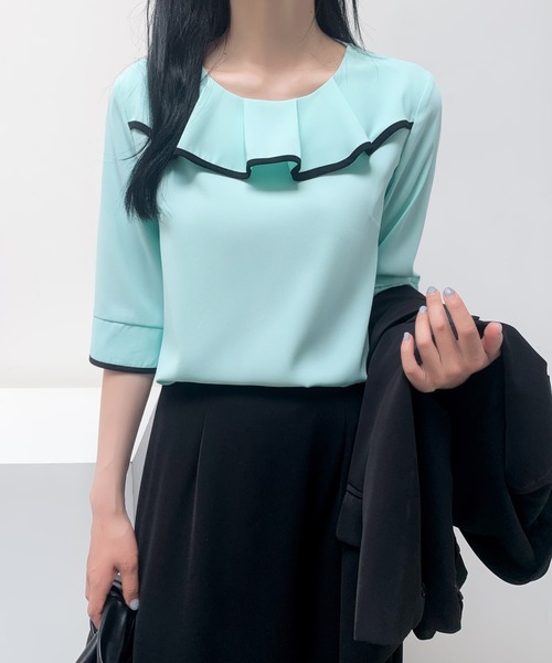 ECLIN(エクラン)の「五分袖配色パイピングフリルブラウス(シャツ/ブラウス・レディース・ブラック/ベージュ/ミント・M/L)」の5枚目の写真