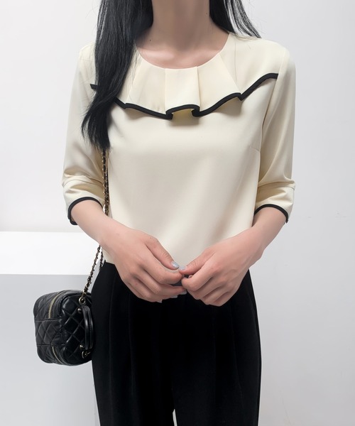 ECLIN(エクラン)の「五分袖配色パイピングフリルブラウス(シャツ/ブラウス・レディース・ブラック/ベージュ/ミント・M/L)」の17枚目の写真