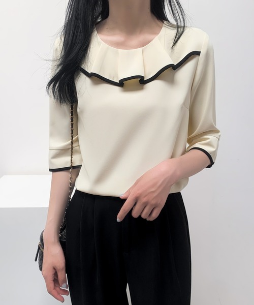 ECLIN(エクラン)の「五分袖配色パイピングフリルブラウス(シャツ/ブラウス・レディース・ブラック/ベージュ/ミント・M/L)」の15枚目の写真
