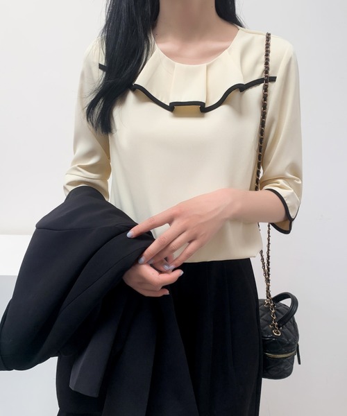 ECLIN(エクラン)の「五分袖配色パイピングフリルブラウス(シャツ/ブラウス・レディース・ブラック/ベージュ/ミント・M/L)」の14枚目の写真