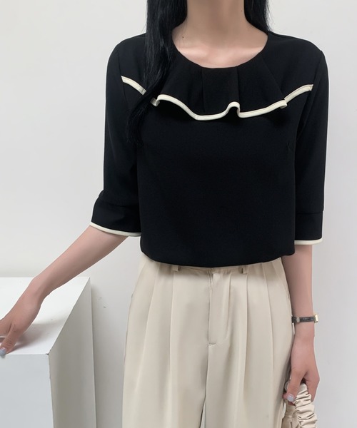 ECLIN(エクラン)の「五分袖配色パイピングフリルブラウス(シャツ/ブラウス・レディース・ブラック/ベージュ/ミント・M/L)」の10枚目の写真